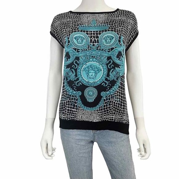 VERSACE Women's Black and Blue Graphic Medusa Silk Top Size Small - Picture 1 of 7